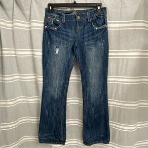 ALMOST FAMOUS / Dark Washed Factory Distressing Boot Cut Mid Rise Jeans Size 9